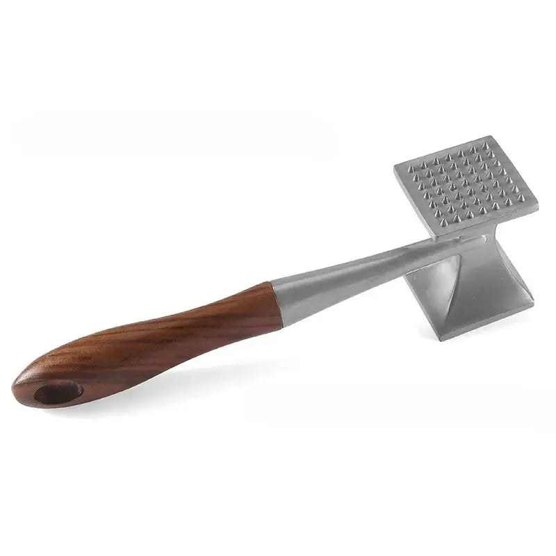 Silver stainless steel and wood double faced meat tenderizer with dark wood handle and raised points on striking face