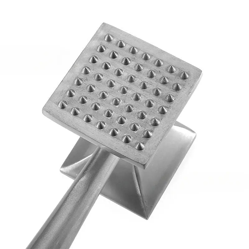 Stainless steel and wood double faced meat tenderizer with a square head featuring raised points for tenderizing meat