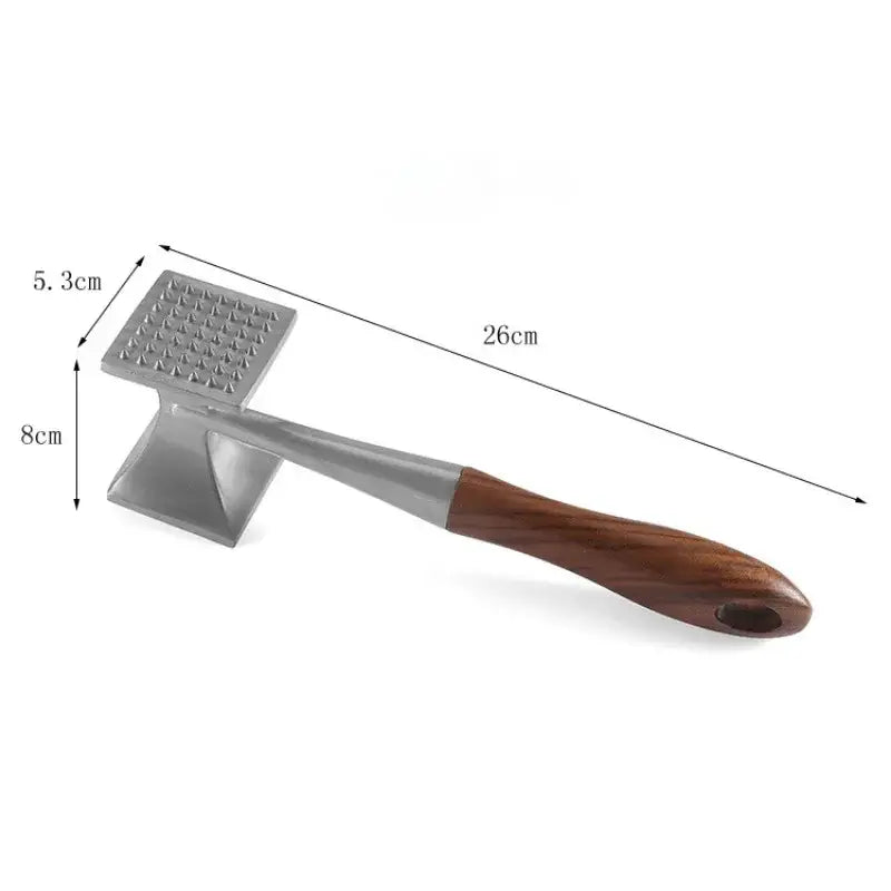 Stainless steel and wood double faced meat tenderizer with polished metallic head and dark brown wooden handle