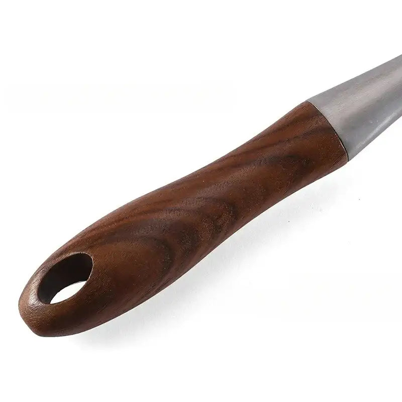 A sleek double faced meat tenderizer with a wooden handle and metallic silver head for efficient meat preparation