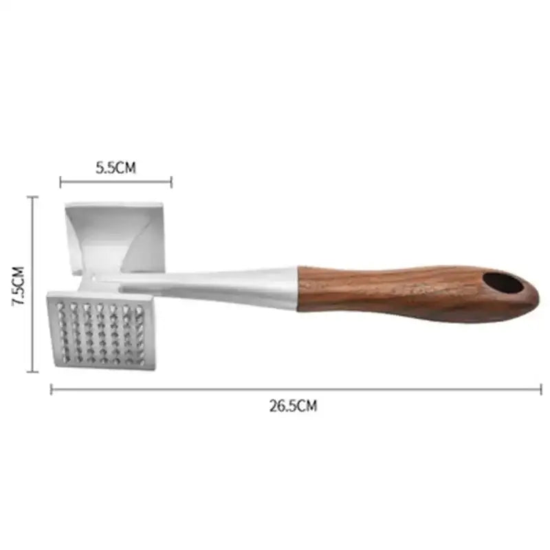 A stainless steel and wood double faced meat tenderizer with a rectangular head and integrated grater for kitchen use