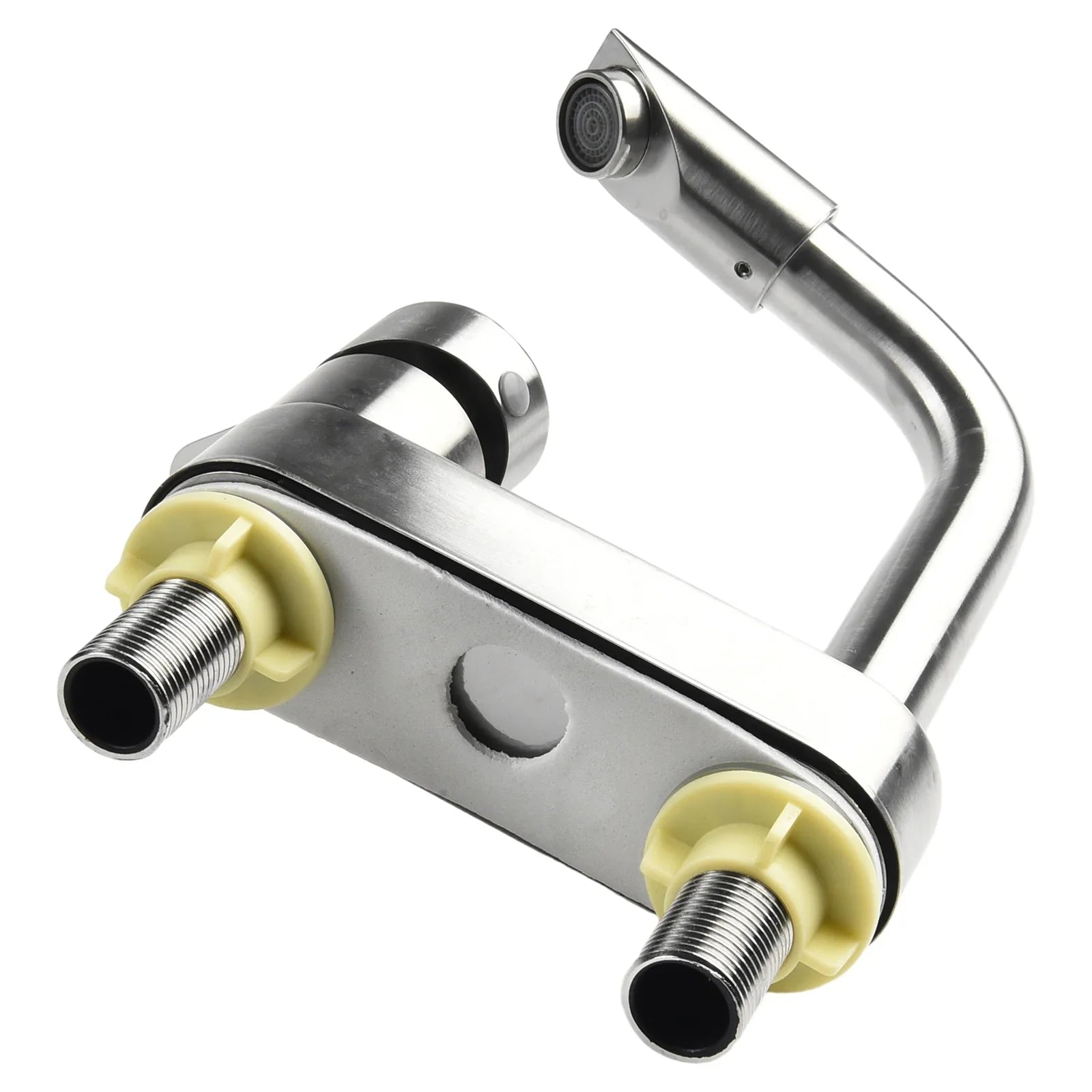 Stainless steel basin faucet with single handle and yellow plastic fittings featuring sleek curved spout and deck mounted design