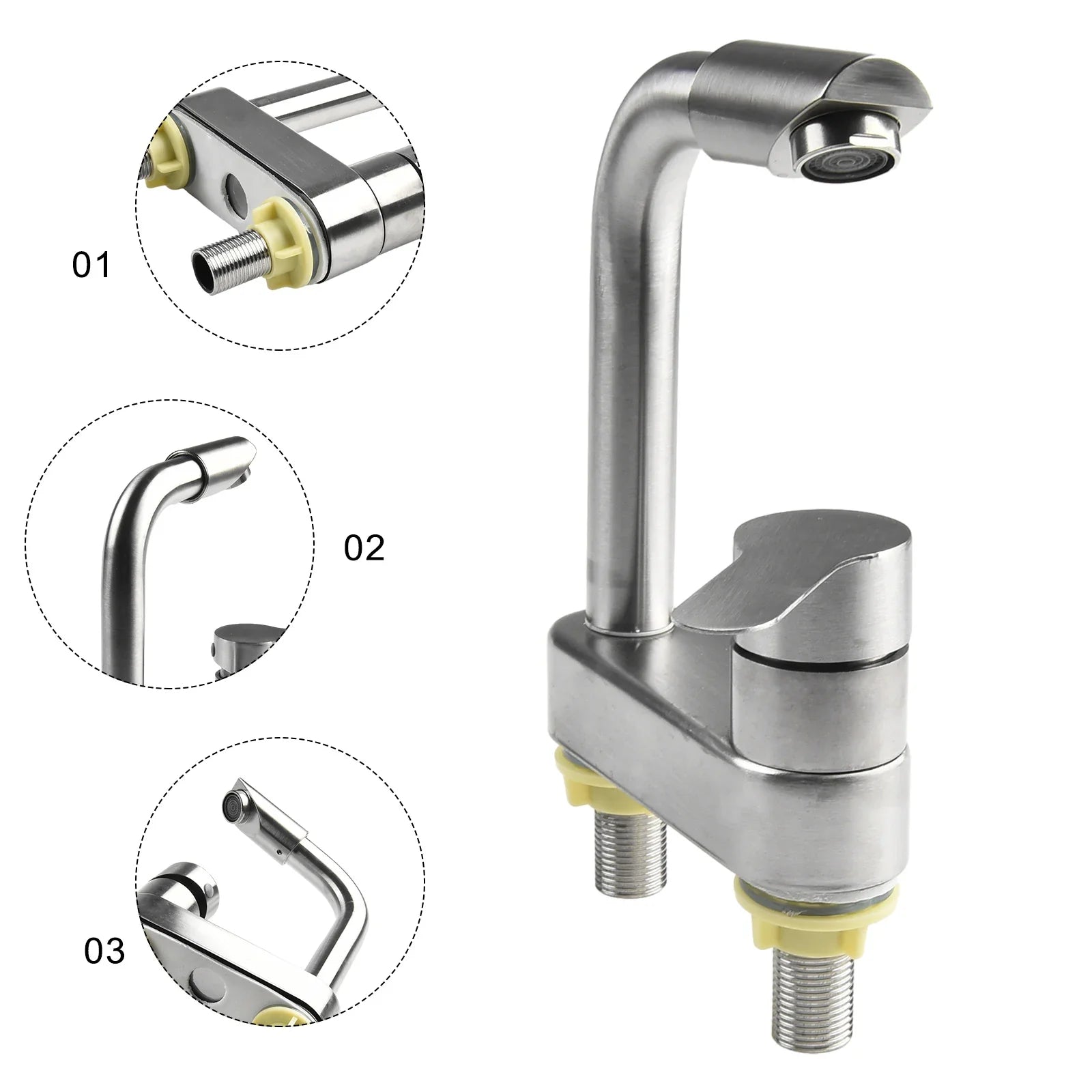 Modern brushed stainless steel basin faucet with sleek curved spout dual handles housing material for kitchen sink