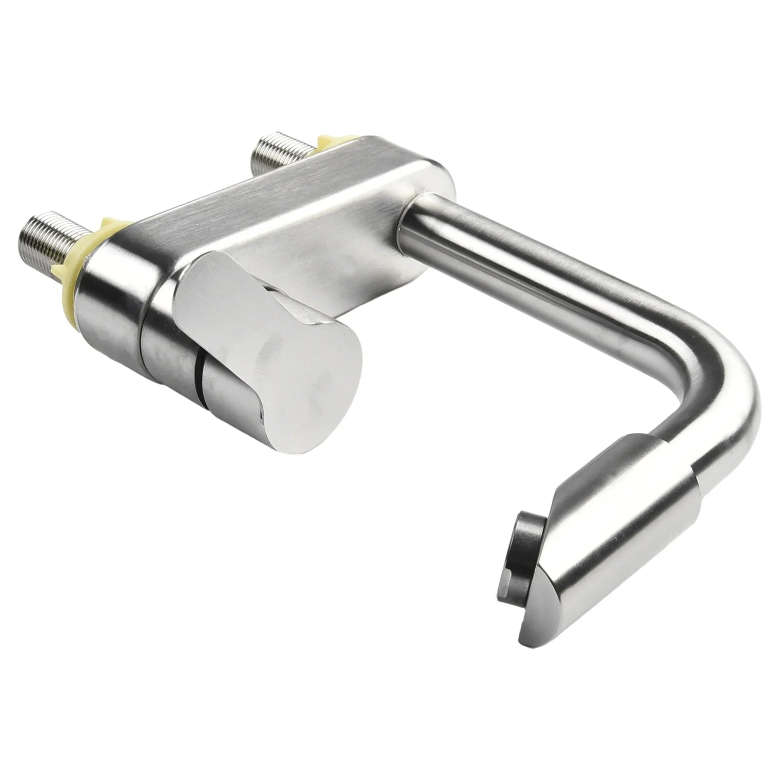 Stainless steel basin faucet with single handle and u-shaped security lock featuring polished housing material
