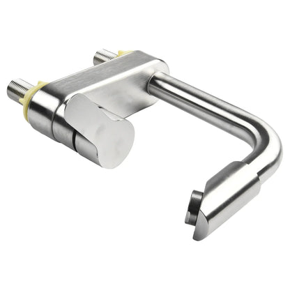 Stainless steel basin faucet with single handle and u-shaped security lock featuring polished housing material