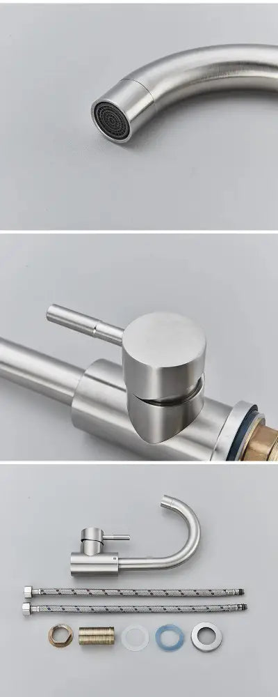 DecorBites™ 304 stainless steel rotating sink faucet with sleek curved spout and modern design for bathroom use