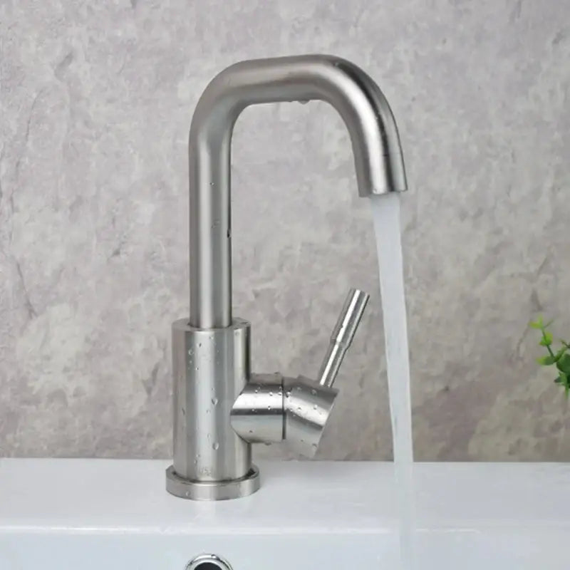 Modern brushed stainless steel rotating bathroom sink faucet by decorbites with single-handle and curved spout