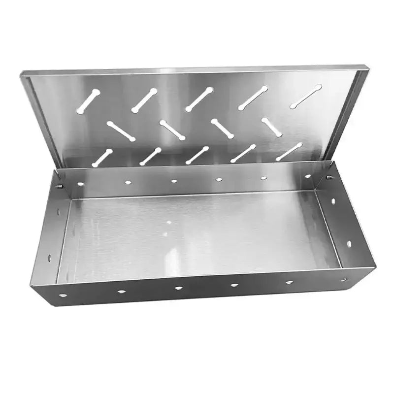 Silver stainless steel rectangular bbq smoker box with hinged lid and elongated slots for kitchen and outdoor grilling