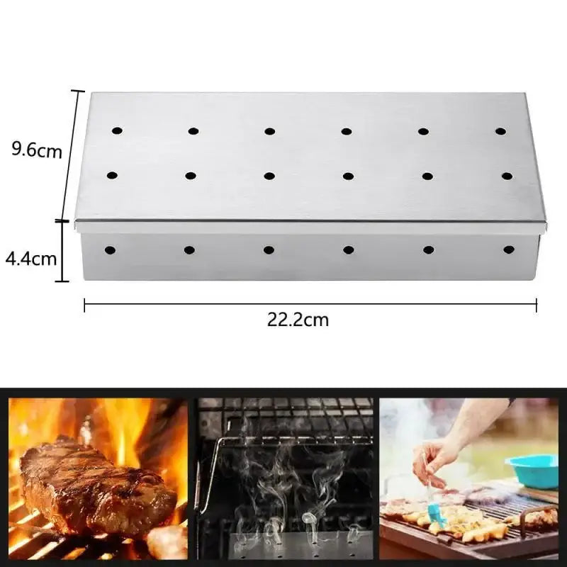 Rectangular stainless steel bbq smoker box with evenly spaced circular vents for wood chips infusion