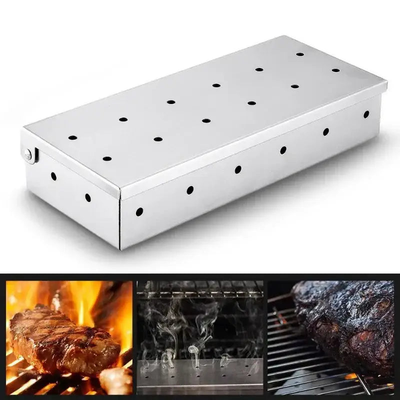 Stainless steel rectangular bbq smoker box with evenly spaced perforations for indirect grilling using wood chips
