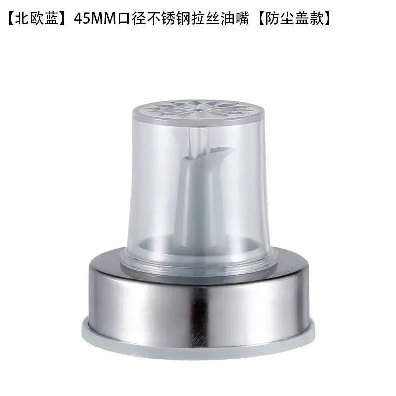 Stainless steel bottle cap stopper with colored handle and clear plastic-capped 45mm oil dispenser with dust-proof lid