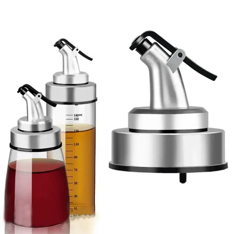 Stainless steel bottle cap stopper with black handle and measurement markings featuring red and amber liquid bottles
