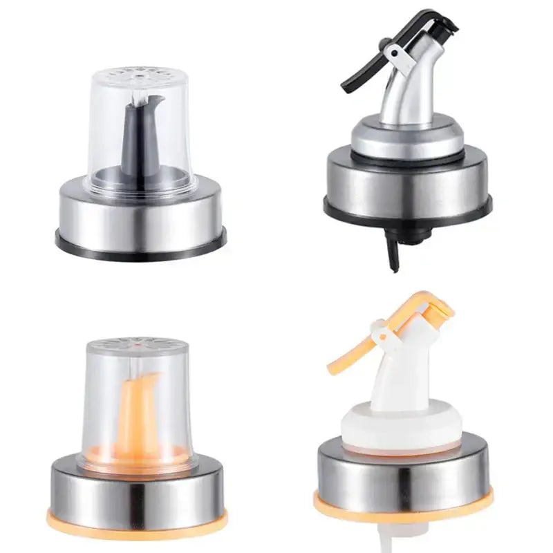 Stainless steel bottle cap stopper with colored plastic dispensers and black white or orange handles for kitchen use
