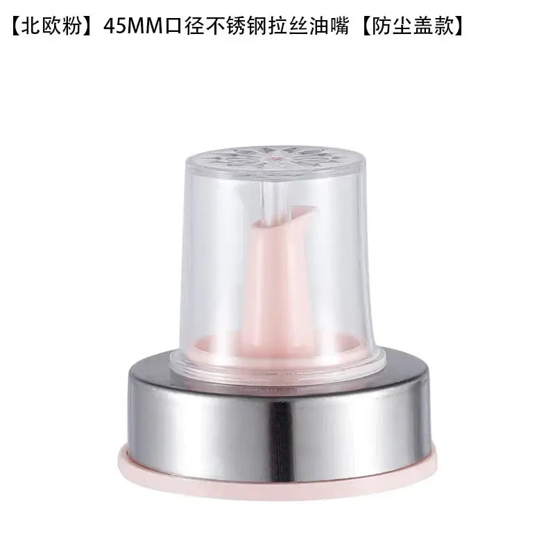 Stainless steel bottle cap stopper with pink silicone handle and clear protective cap for kitchen oil dispenser
