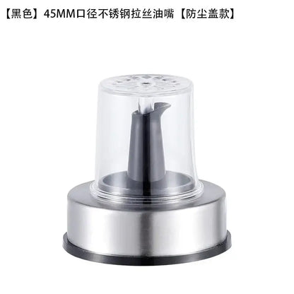 Black 45mm diameter stainless steel bottle cap stopper with colored handle and dust-proof oil dispenser nozzle