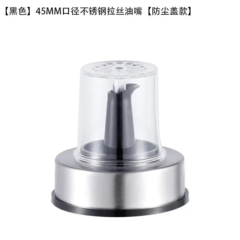 Black 45mm diameter stainless steel bottle cap stopper with colored handle and dust-proof oil dispenser nozzle