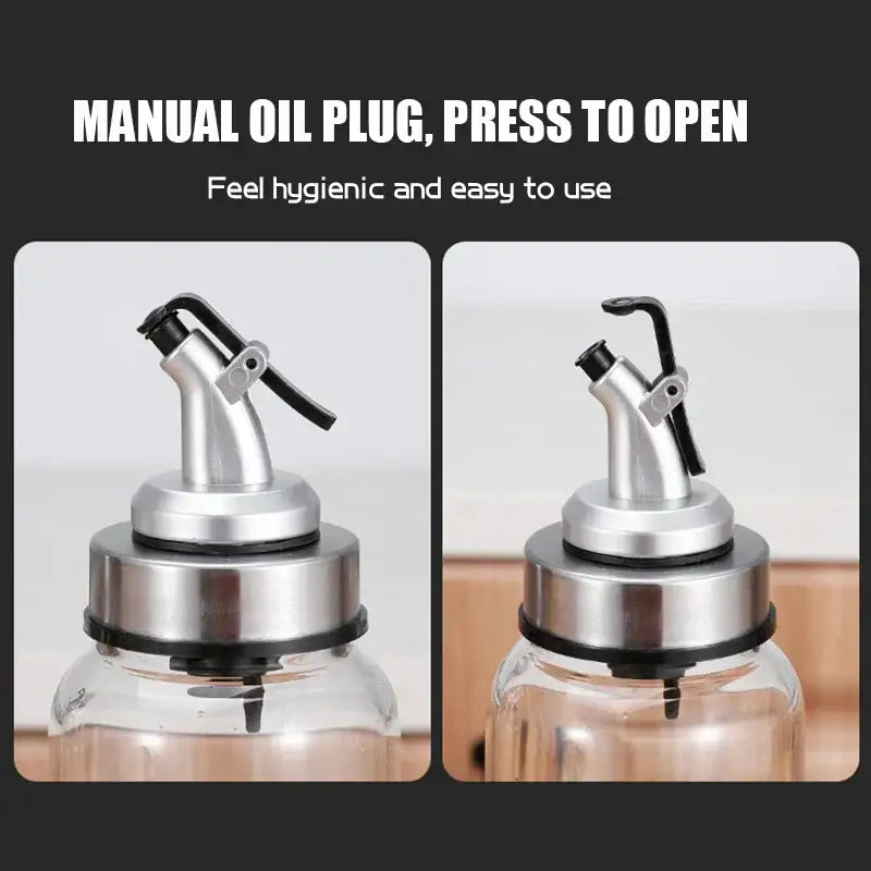 Stainless steel bottle cap stopper with colored handle and manual oil dispenser featuring a press-to-open spout and black seal