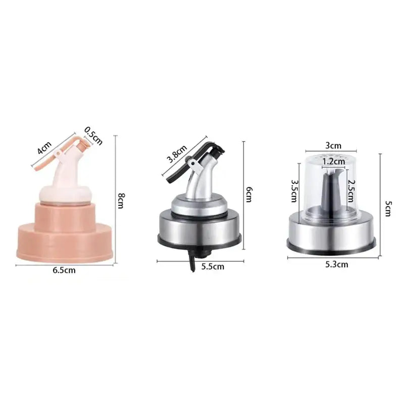 Three bottle cap stoppers in peach plastic and silver stainless steel with colored handles and protective kitchen nozzles