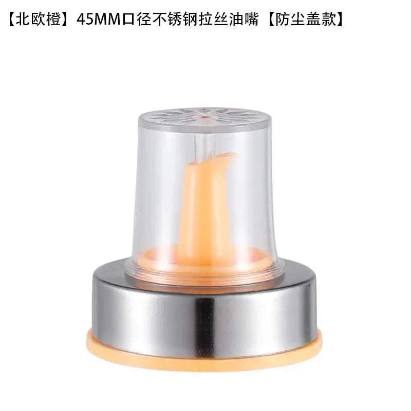 Stainless steel bottle cap stopper with orange silicone handle and clear plastic cap for kitchen oil dispenser nozzle