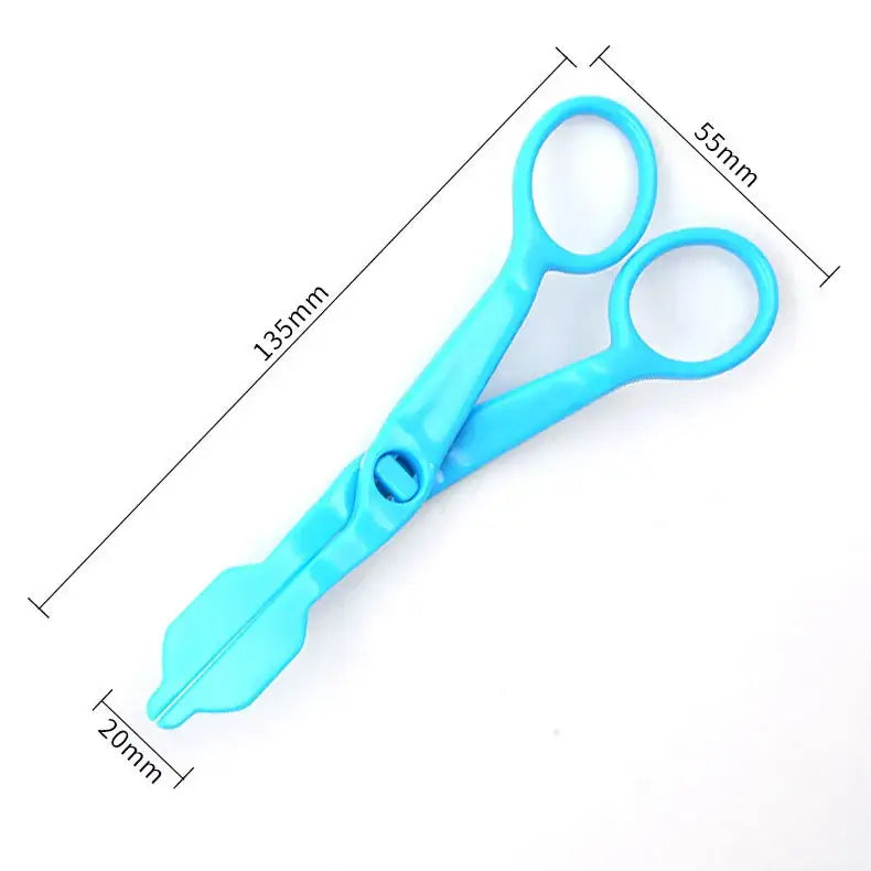 Bright blue plastic baby bottle opener with rounded handles and flat cutting edge for cake piping nail use