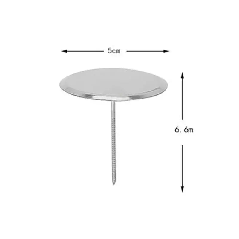Silver-colored stainless steel cake piping nail with flat head, threaded shaft, and pointed tip for pastry decorating tools