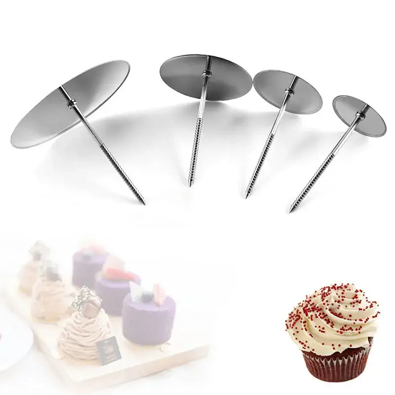 Set of four stainless steel cake piping nails with flat circular tops and threaded shafts for pastry decorating tools