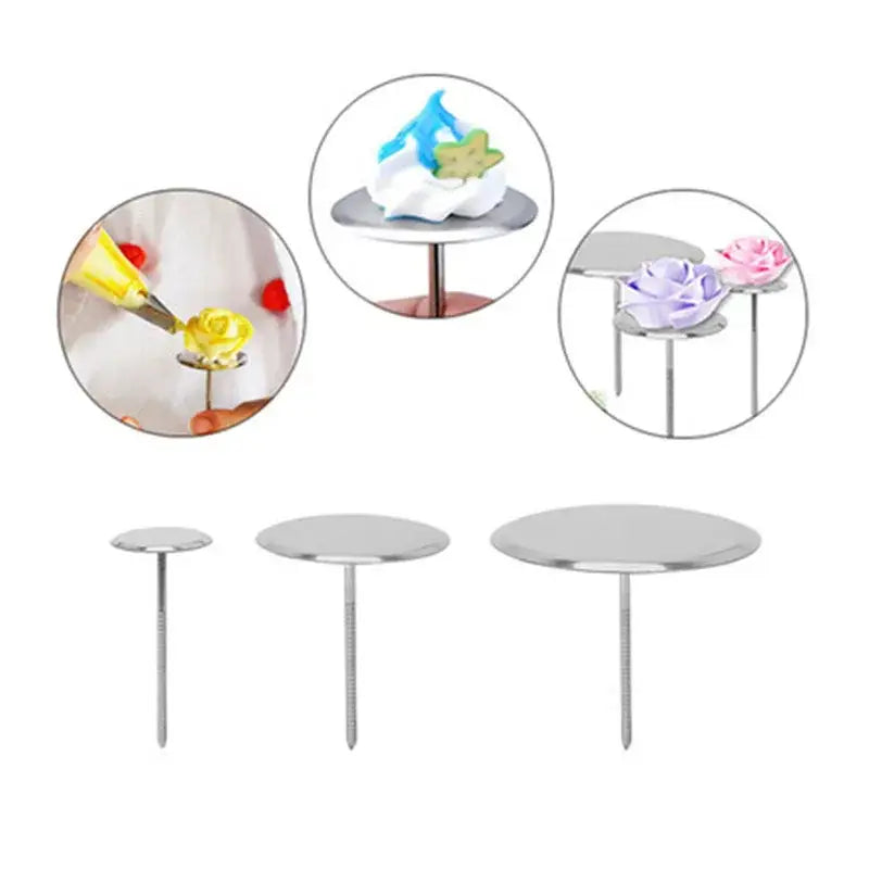 Silver stainless steel cake piping nail with flat round top and slender stem for kitchen pastry decorating tools