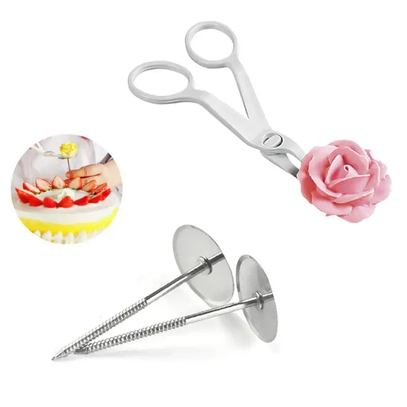 Silver stainless steel cake piping nail set with pink sugar rose attachment and two screw-like cake picks for decorating