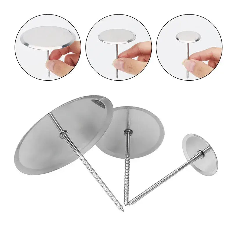 Silver-colored stainless steel cake piping nails with flat heads and threaded shafts for pastry decorating tools