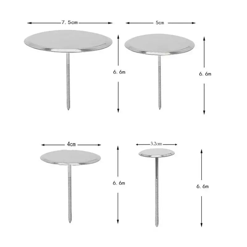 Set of four silver-toned stainless steel cake piping nails with threaded shanks in varying diameters for pastry decorating