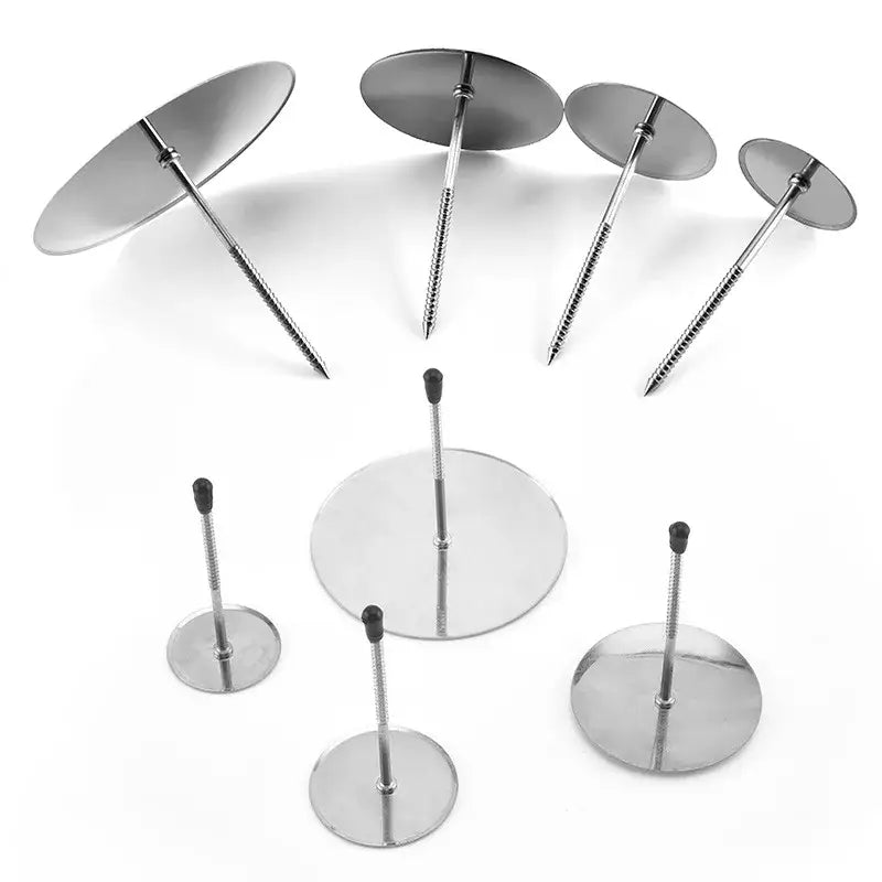 Set of stainless steel cake piping nails with flat circular heads and threaded shafts for kitchen pastry decorating tools
