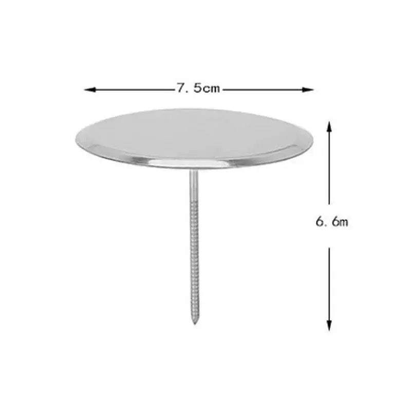Silver stainless steel cake piping nail with a 7.5cm flat head and 6.6cm threaded shaft for pastry decorating