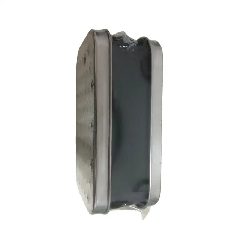 Silver rectangular stainless steel cheese grater with container lid featuring a worn reflective surface and visible seams