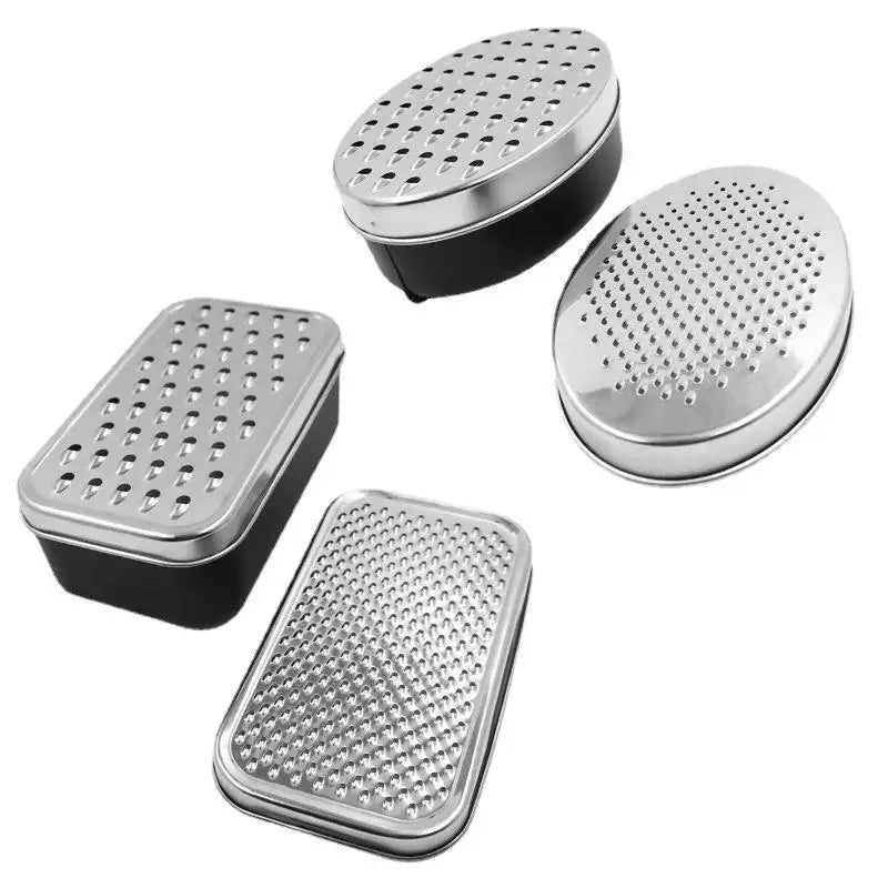 Set of four stainless steel cheese graters with black bases and container lids for efficient kitchen use