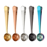 Set of five stainless steel coffee spoon measuring scoops with sealing clip in gold rose gold silver gunmetal and blue