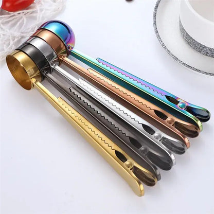 Set of five colorful stainless steel nutcrackers with iridescent finish and serrated handles for sealing clip use
