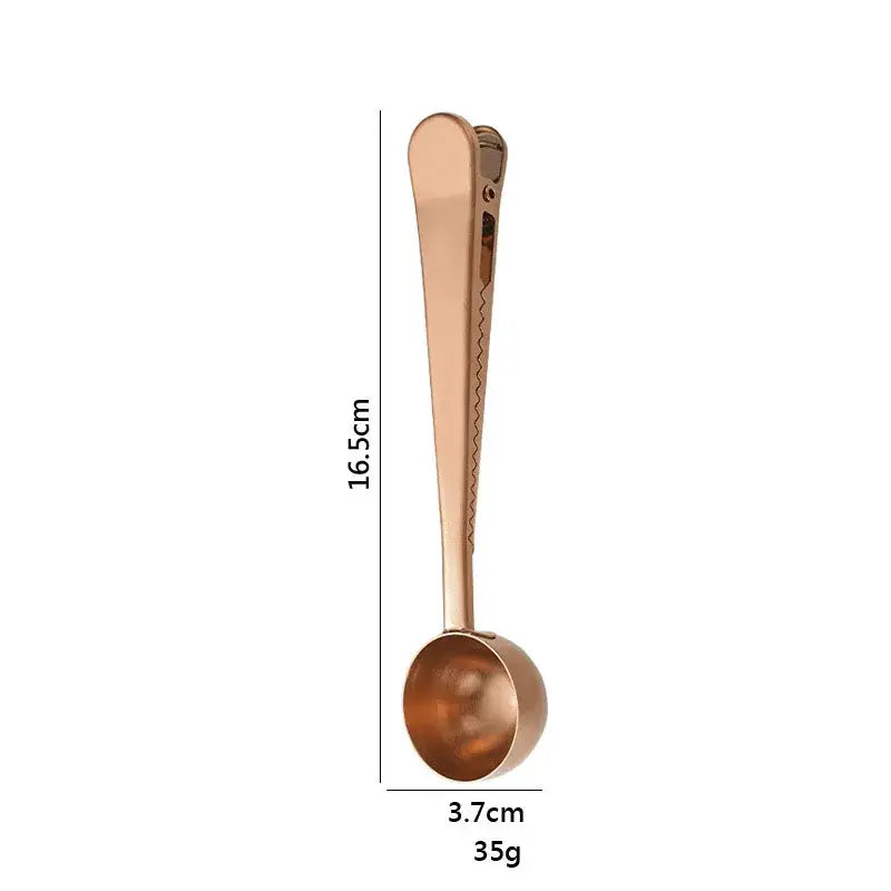 Sleek rose gold copper measuring spoon with clip-on handle and rounded bowl in stainless steel coffee spoon sealing clip set
