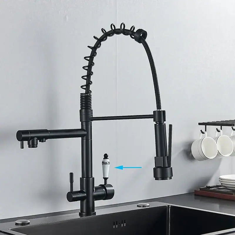Black matte stainless steel coiled spring kitchen water filter faucet with ornate white ceramic handle for decorbites kitchen water use