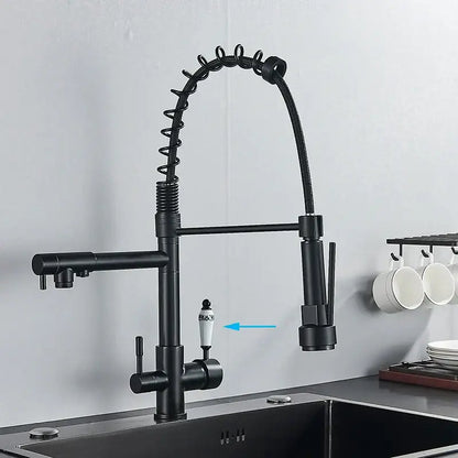 Black matte stainless steel coiled spring kitchen water filter faucet with ornate white ceramic handle for decorbites kitchen water use