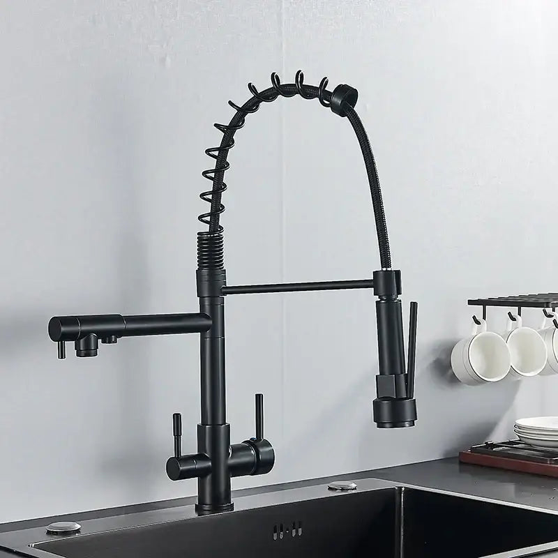 Black matte kitchen water filter faucet with stainless steel coiled spring and pull-down spray head for decorbites kitchen water filter