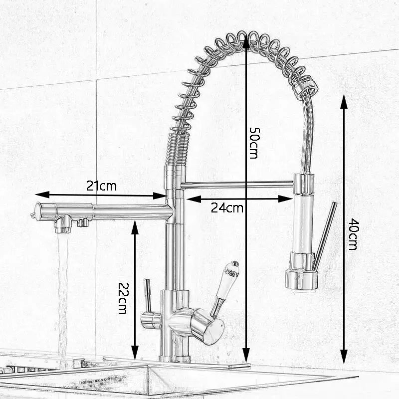 Chrome finished stainless steel coiled spring kitchen water filter faucet with flexible hose and dual handles for decorbites kitchen water