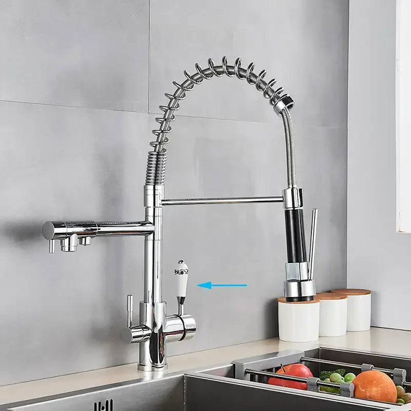 Chrome finished stainless steel coiled spring kitchen water filter faucet with flexible hose and black handle accents for decorbites kitchen water filter