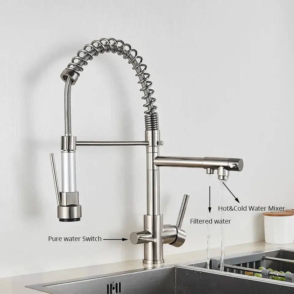 Stainless steel coiled spring kitchen water filter faucet with flexible hose and pull-down spray head for decorbites kitchen water filter
