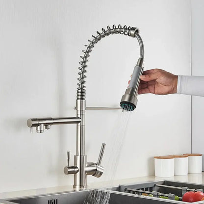 Stainless steel coiled spring kitchen water filter faucet with flexible hose and pull-down spray head for decorbites kitchen water filter