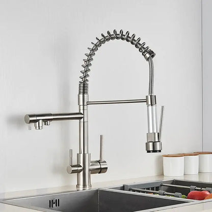 Modern stainless steel coiled spring kitchen water filter faucet with flexible hose and pull-down spray head for decorbites kitchen water filter