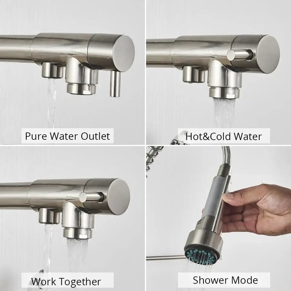 Stainless steel coiled spring kitchen water filter faucet with separate pure and hot cold outlets and adjustable shower head