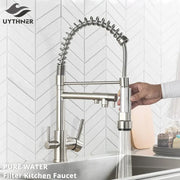Stainless steel coiled spring kitchen water filter faucet with flexible neck and pull-down spray head for decorbites kitchen water filter
