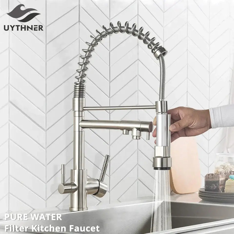 Stainless steel coiled spring kitchen water filter faucet with flexible neck and pull-down spray head for decorbites kitchen water filter