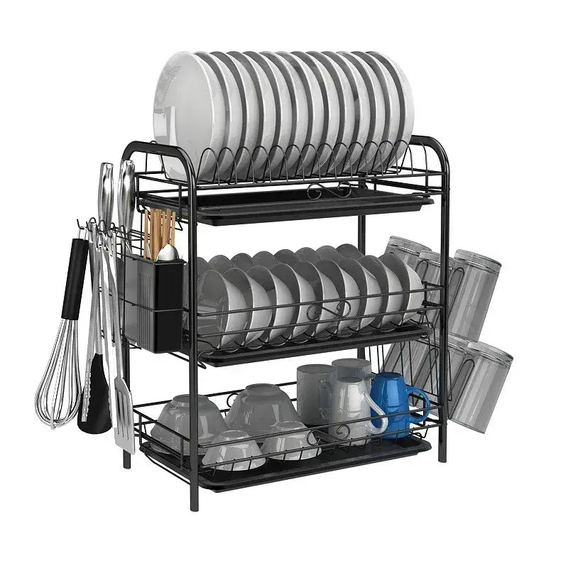 Black stainless steel three-tier kitchen drying rack with curved design holding plates and utensils organizer shelf