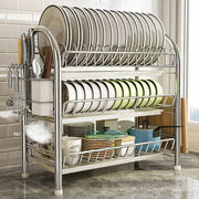 Stainless steel curved kitchen drying rack with two tiers and integrated utensil holders organizer shelf